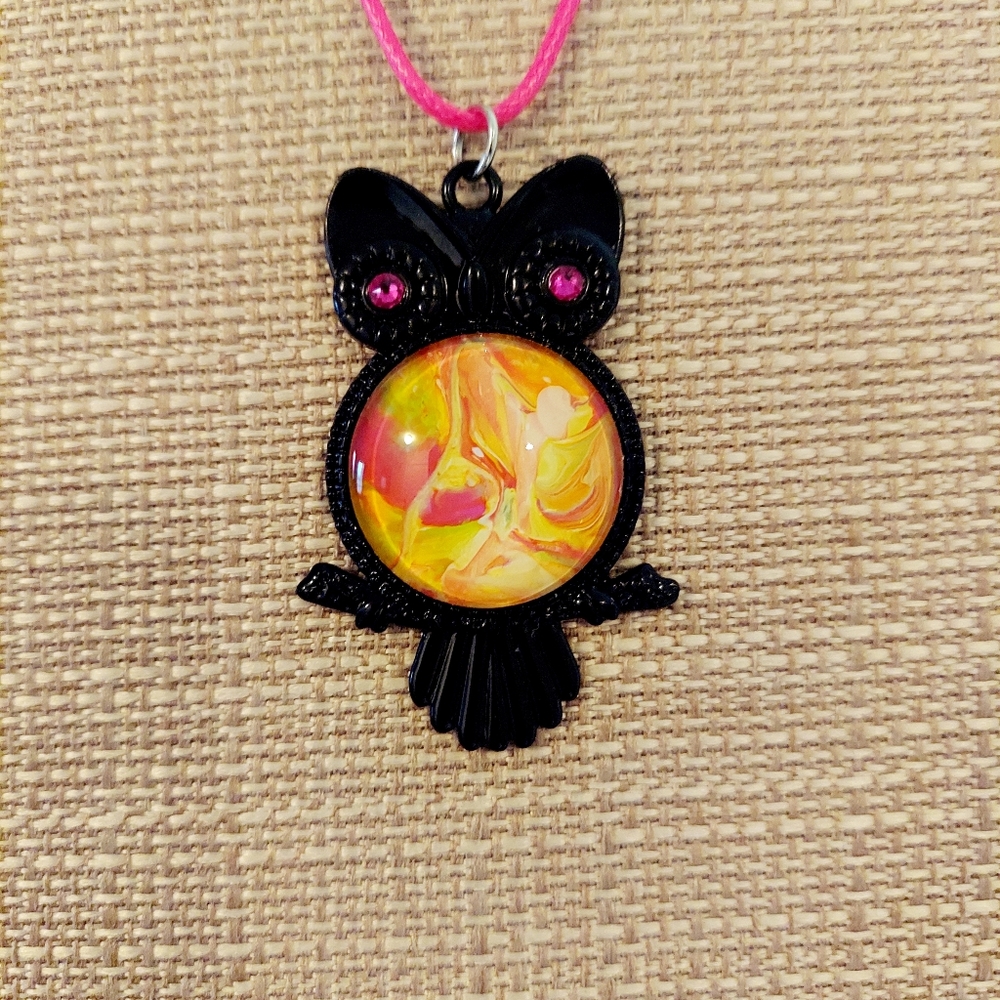 Handcrafted  Pour Painted Owl with Swarovski Crystals for Eyes with a Rope Chain